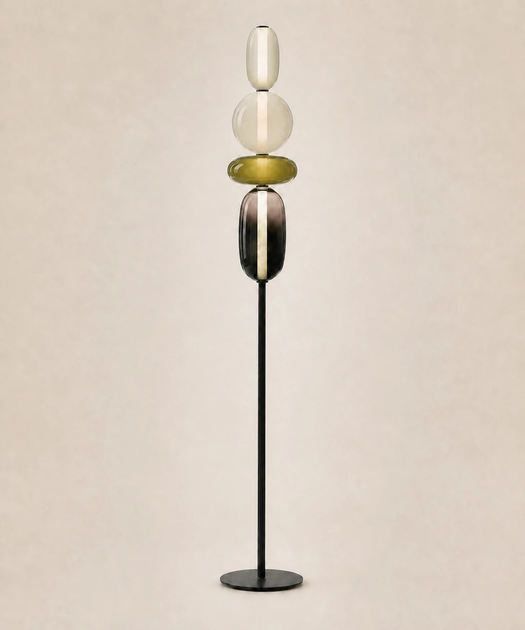 Lampadaire à quatre boules de verre teinté, accord D, dominante vert