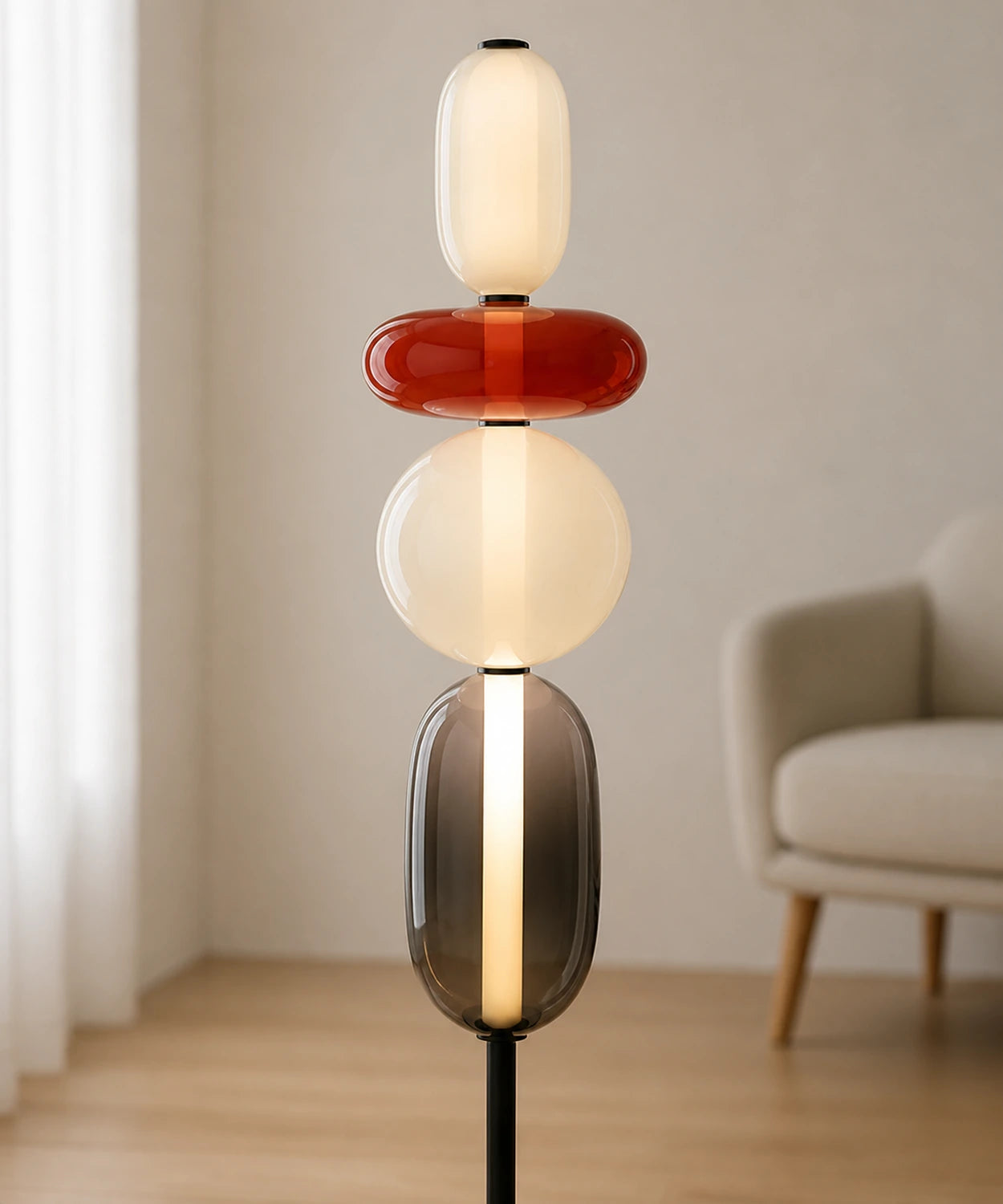 Détail du lampadaire à boules de verre, verre soufflé teinté dans la masse Image