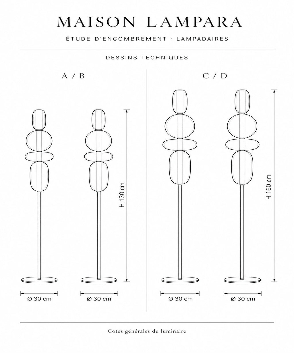 Schéma coté du lampadaire à boules de verre avec ses dimensions