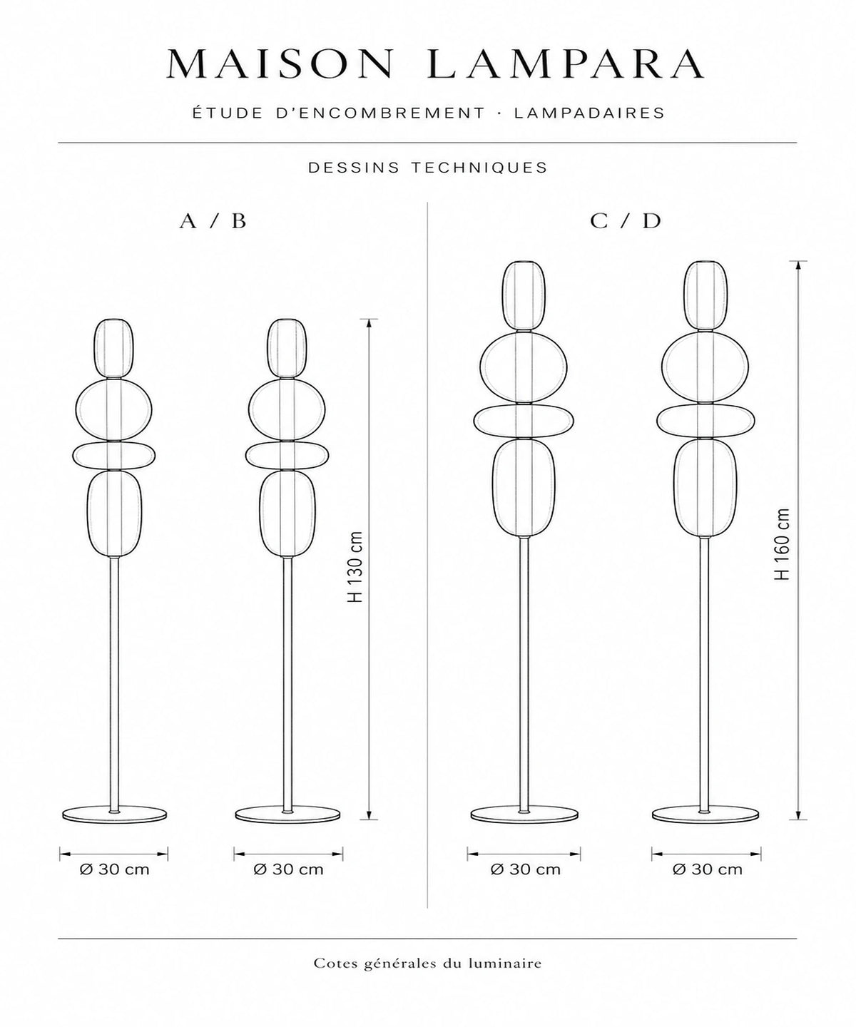 Schéma coté du lampadaire à boules de verre avec ses dimensions