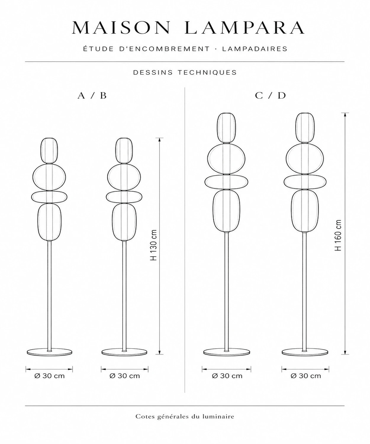 Schéma coté du lampadaire à boules de verre avec ses dimensions