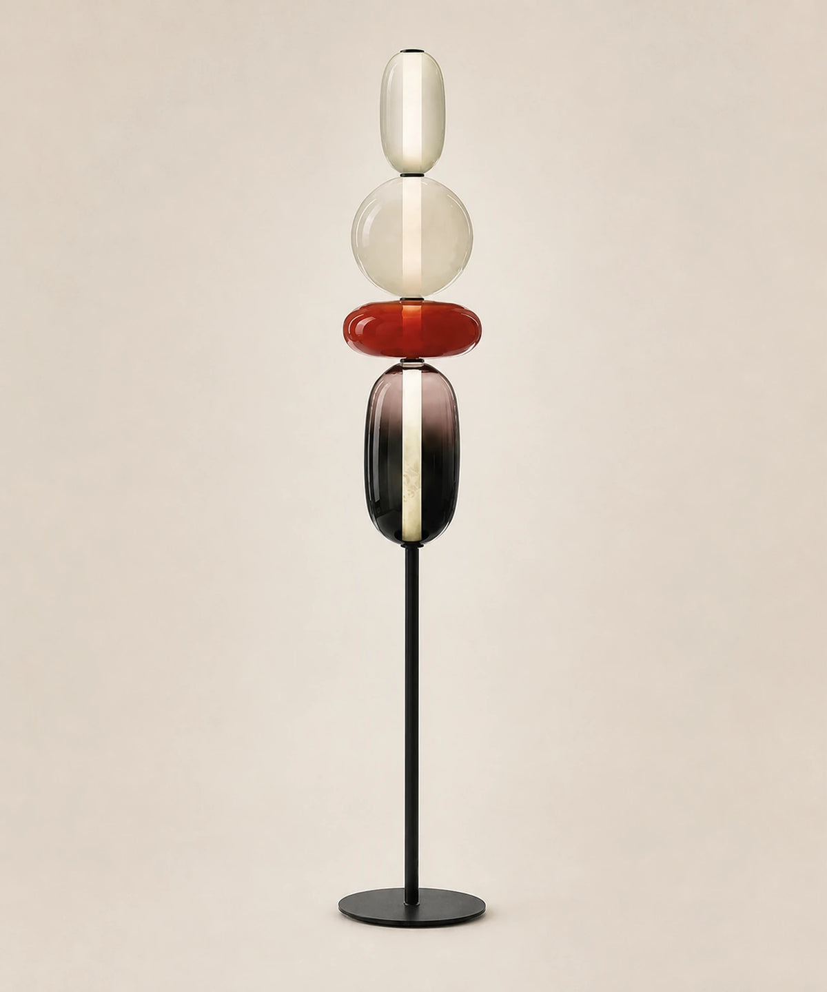 Lampadaire à quatre boules de verre teinté, rouge