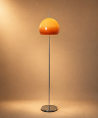 Lampadaire champignon chrome, dôme de verre dégradé orange sur tige et socle chromés