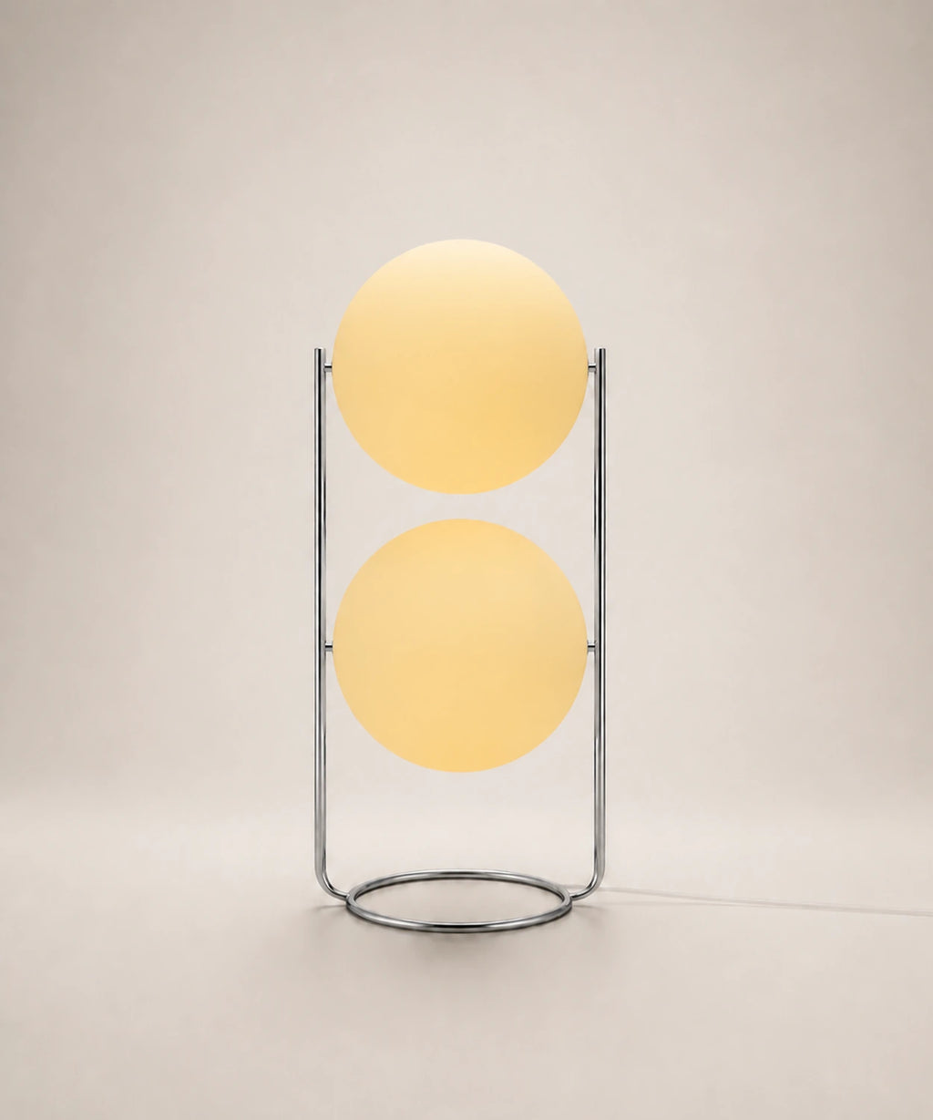 Lampadaire à deux boules opalines, double, b et jaune