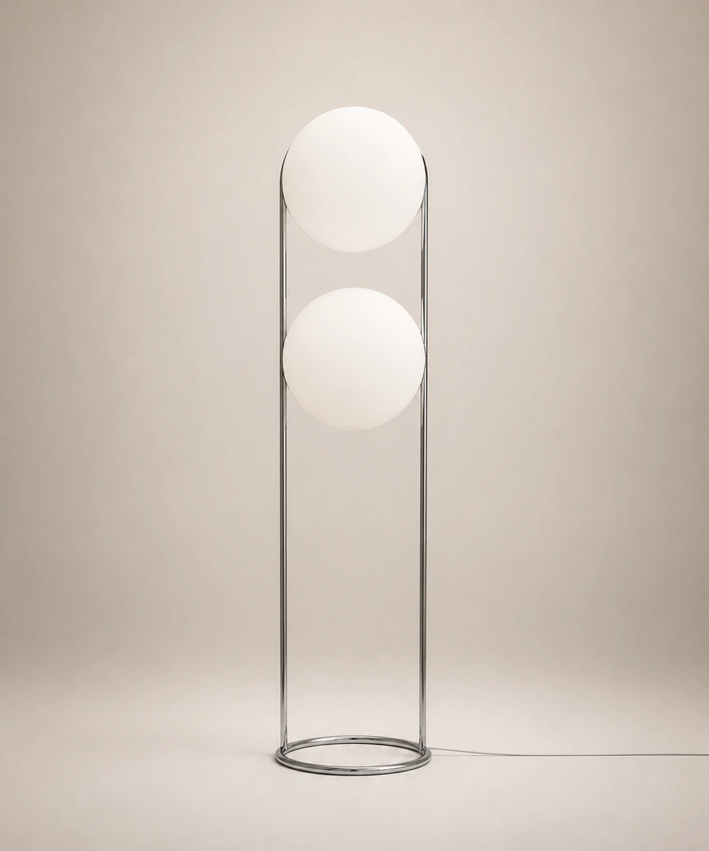 Lampadaire à deux boules opalines, double, c et blanc