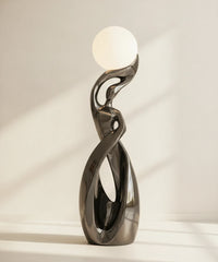 Lampadaire sculpture finition chrome gris anthracite, sphère lune allumée