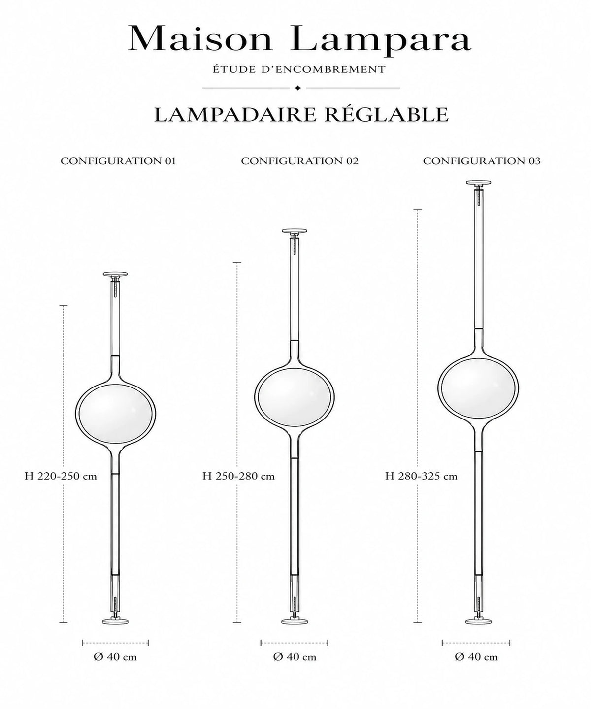 Schéma coté du lampadaire sol-plafond avec ses dimensions