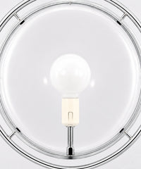 Vue de dessous du globe opalin, douille E27 et ampoule au centre de l’anneau