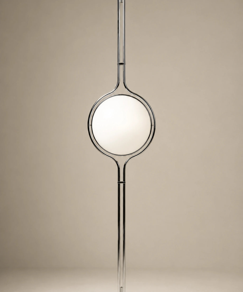 Lampadaire sol plafond boule opaline, globe blanc éteint, mât et anneau chromés