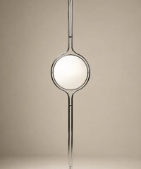 Lampadaire sol plafond boule opaline, globe blanc éteint, mât et anneau chromés