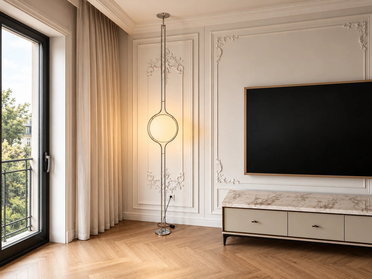 Lampadaire tendu entre sol et plafond avec globe opalin et doubles tiges chromées Image