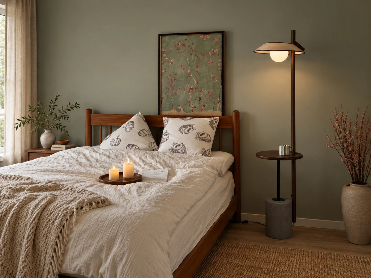 Lampadaire en bois avec tablette ronde et socle en ciment, dans une chambre Image