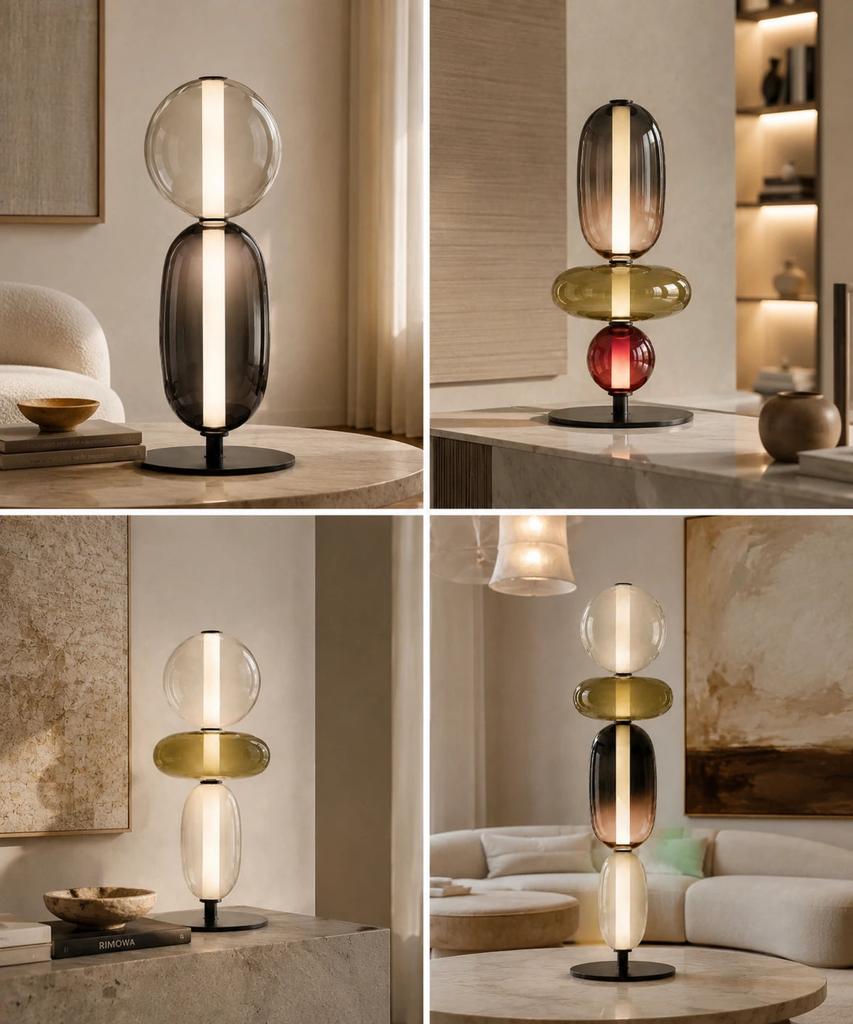 Quatre vues de la lampe à poser boules de verre empilées dans des intérieurs clairs