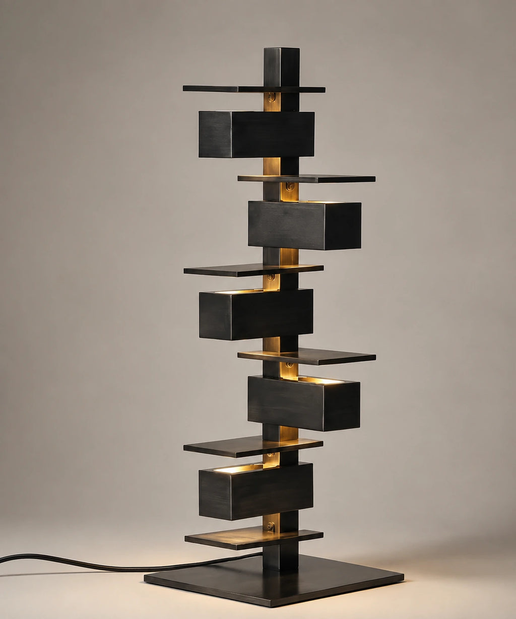 Lampe à poser design noir mat, 70 cm, lumière rasante sur chaque plateau