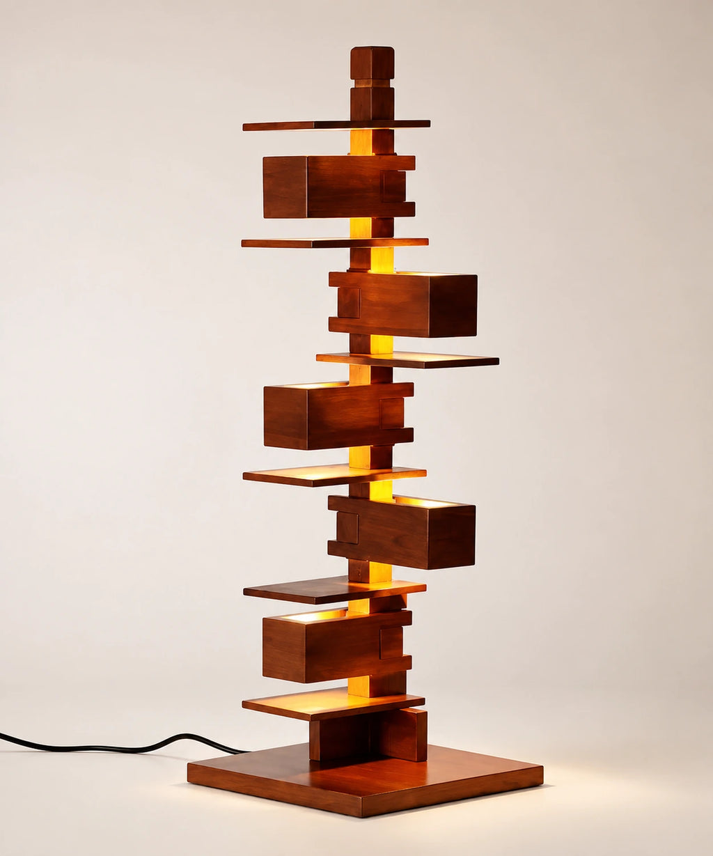 Lampe à poser originale finition noyer, 70 cm, tour de plateaux éclairés entre les étages