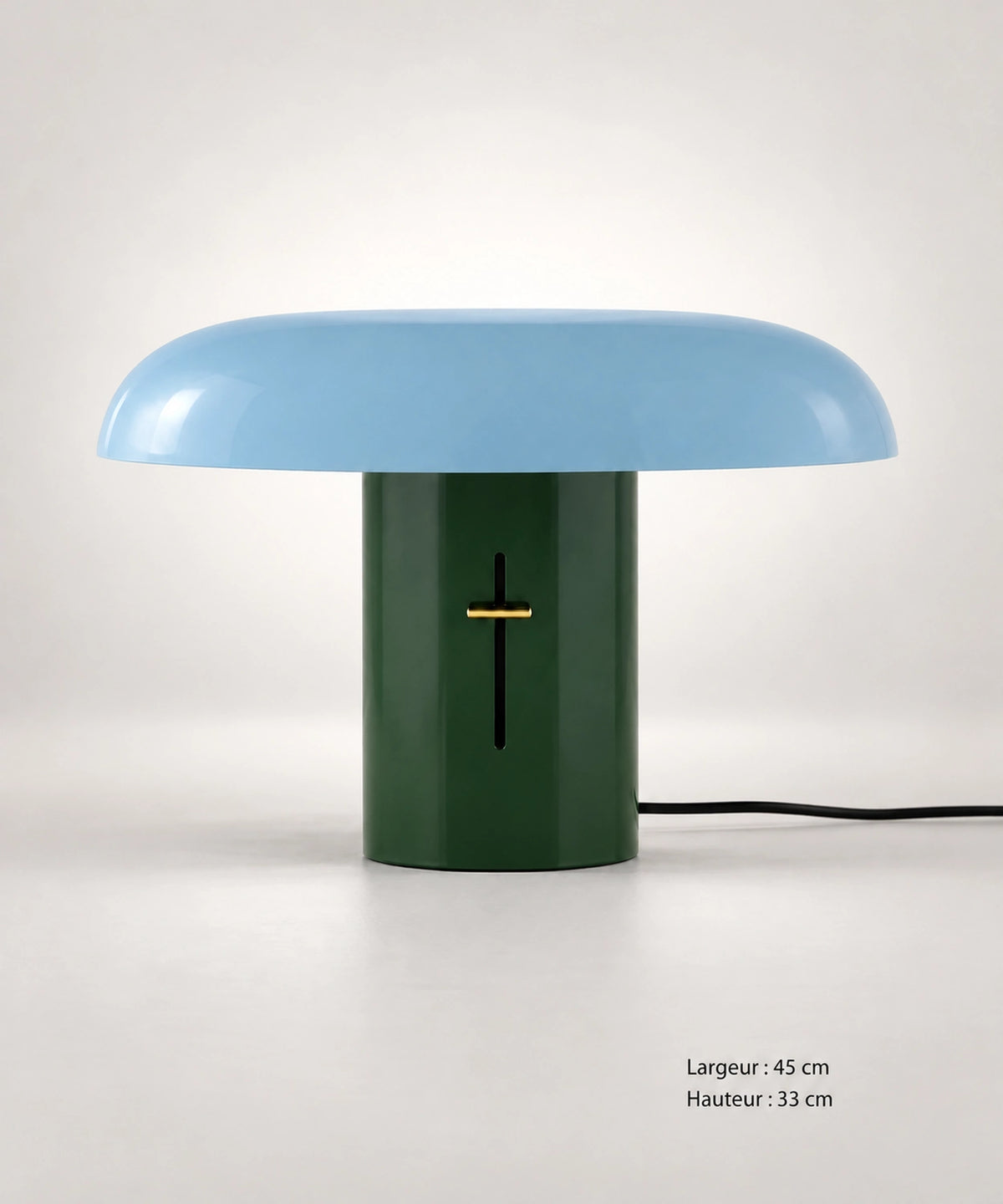 Lampe champignon bleu et vert vue de face, avec les dimensions 45 cm de large et 33 cm de haut