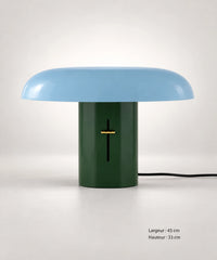 Lampe champignon bleu et vert vue de face, avec les dimensions 45 cm de large et 33 cm de haut