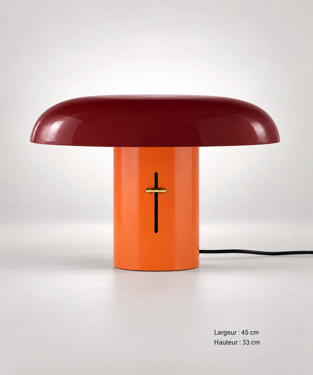 Lampe champignon rouge et orange vue de face, avec les dimensions 45 cm de large et 33 cm de haut