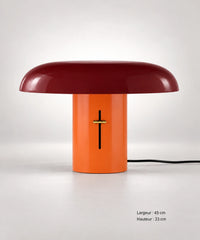 Lampe champignon rouge et orange vue de face, avec les dimensions 45 cm de large et 33 cm de haut