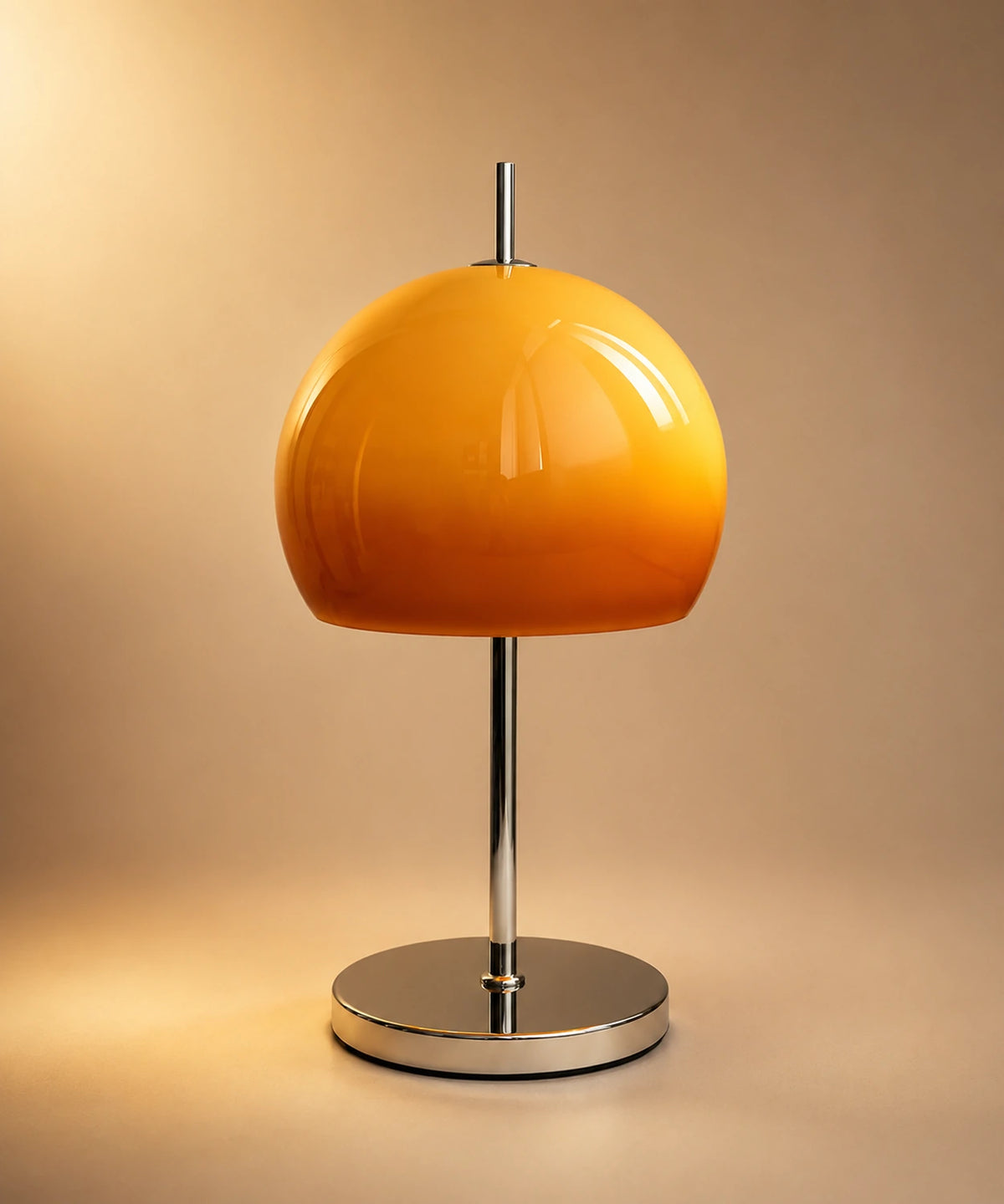 Lampe champignon orange vintage, dôme de verre dégradé orange sur pied et socle chromés