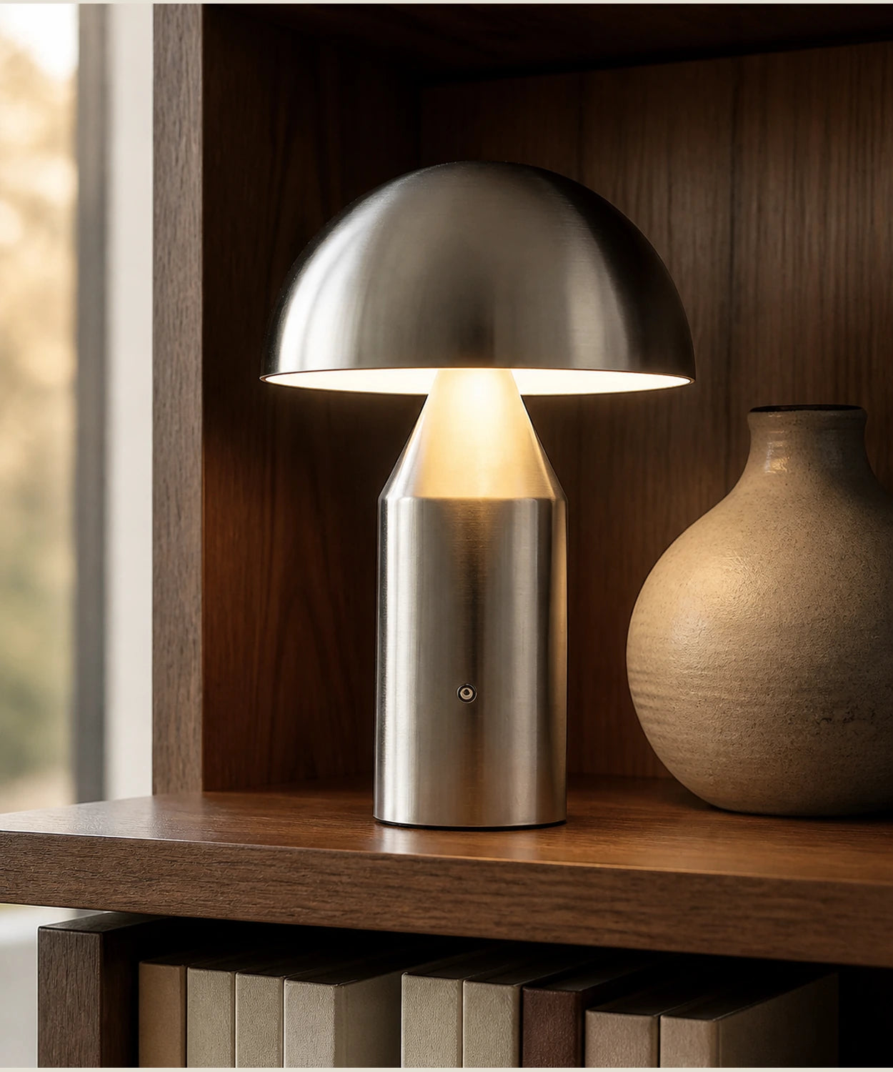 Détail de la lampe champignon sans fil, métal plaqué, finition argentée Image