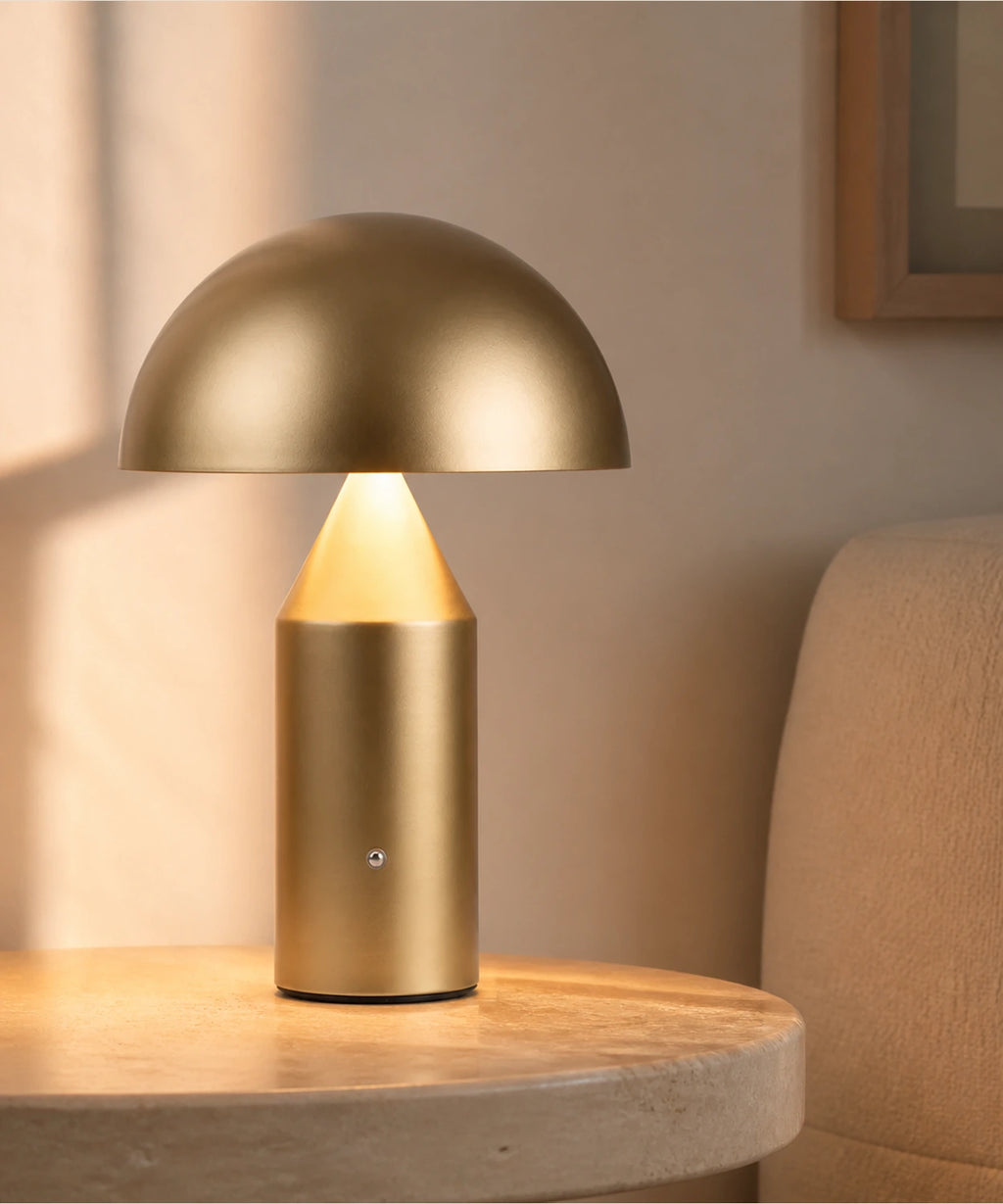 Détail de la lampe champignon sans fil, métal plaqué, finition dorée