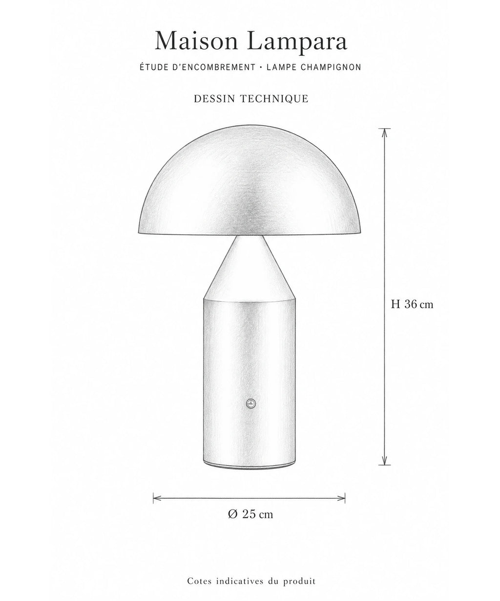Schéma coté de la lampe champignon sans fil avec ses dimensions