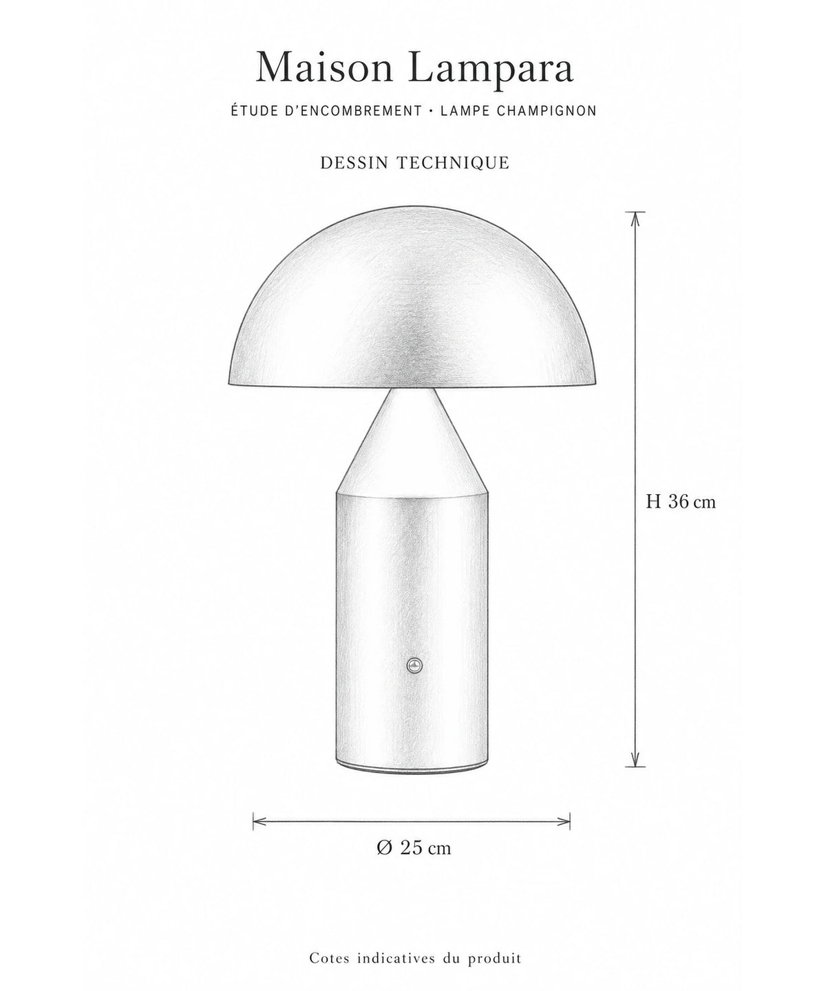 Schéma coté de la lampe champignon sans fil avec ses dimensions