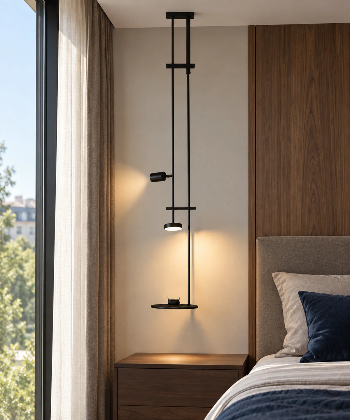Lampe de chevet noire suspendue avec liseuse et tablette ronde près du lit