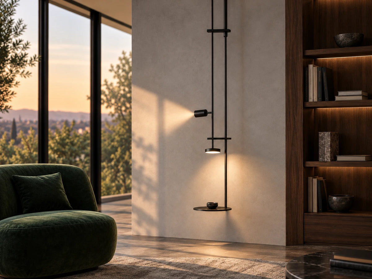Lampe de chevet suspendue avec liseuse orientable, disque lumineux et tablette Image