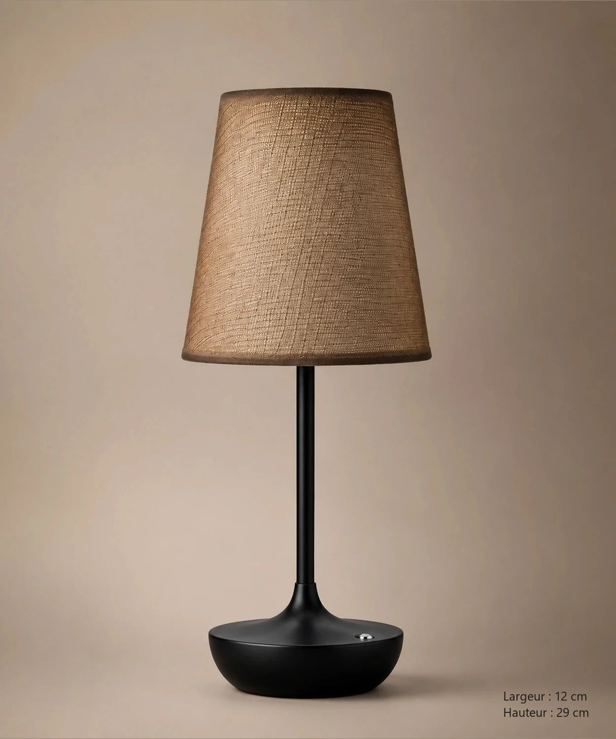 Lampe de table sans fil noire à abat-jour en tissu, vue de face avec dimensions