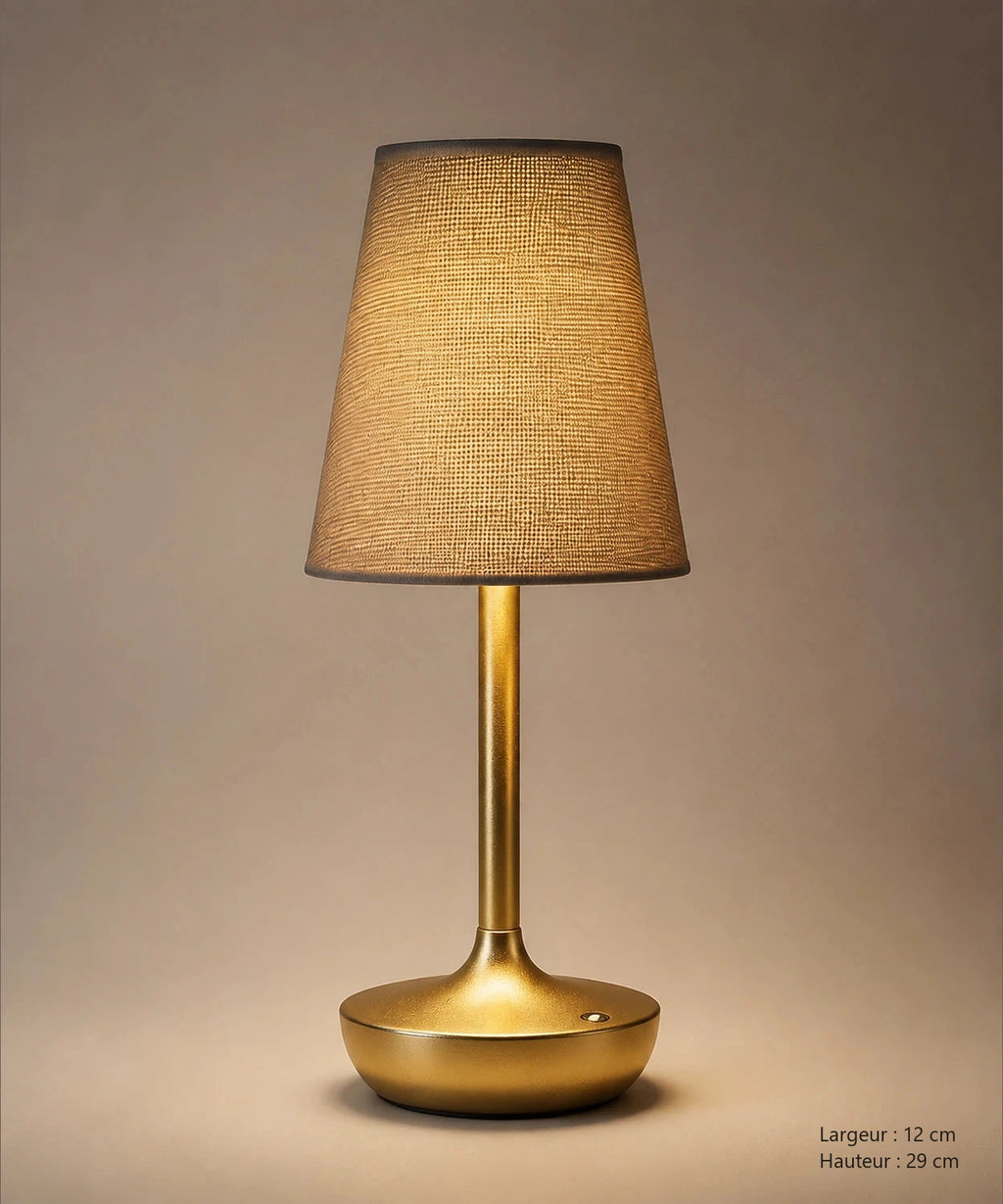 Lampe de table sans fil dorée à abat-jour en tissu, vue de face avec dimensions