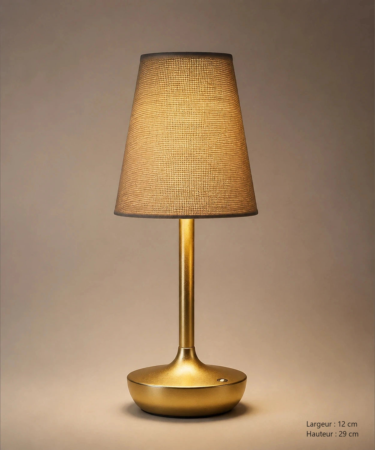 Lampe de table sans fil dorée à abat-jour en tissu, vue de face avec dimensions