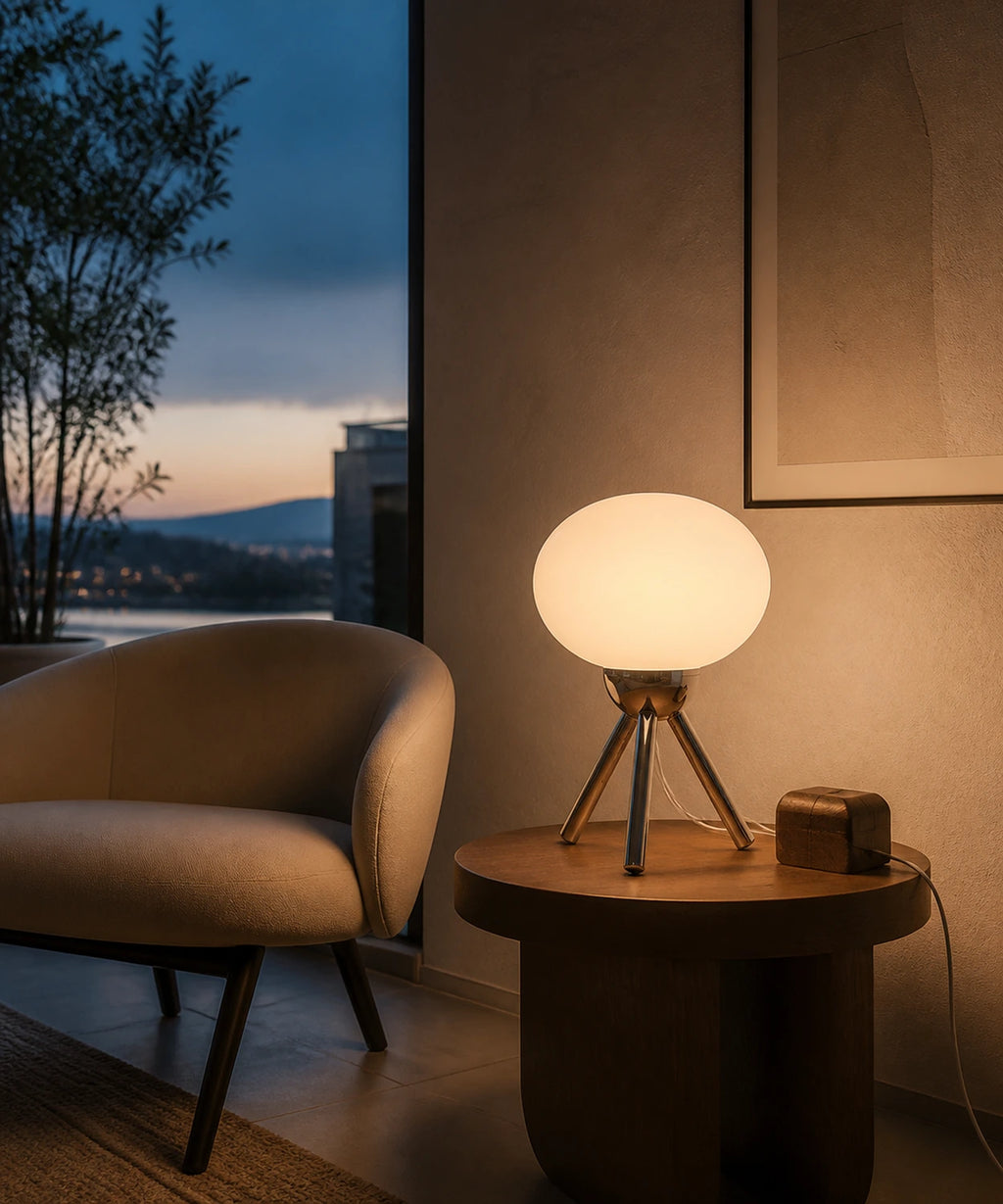 Lampe de table rechargeable en verre blanc allumée le soir dans un coin lecture