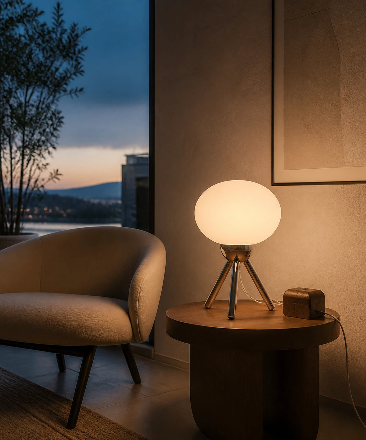 Lampe de table rechargeable en verre blanc allumée le soir dans un coin lecture