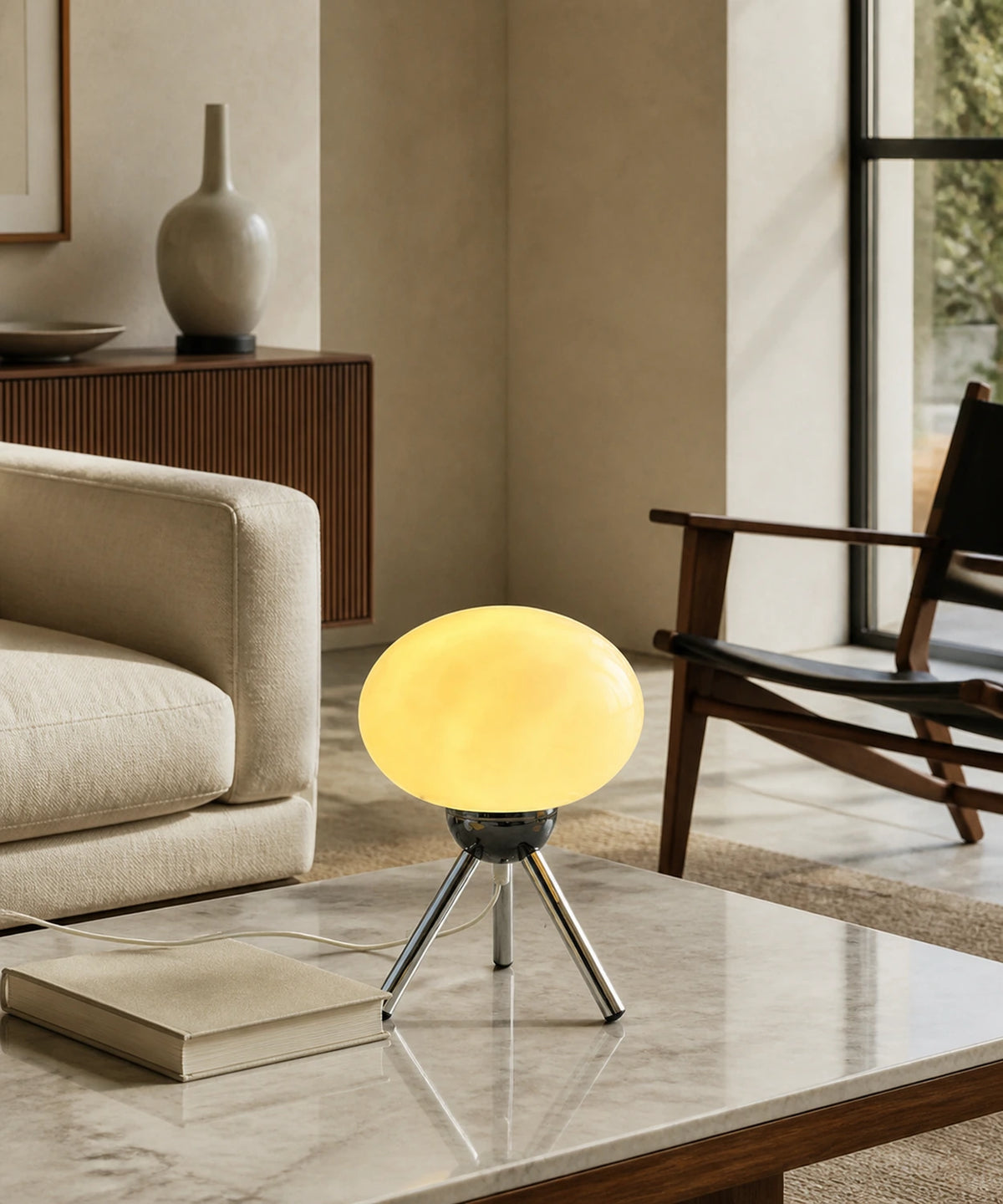 Lampe de table sans fil en verre crème allumée sur une table basse de salon