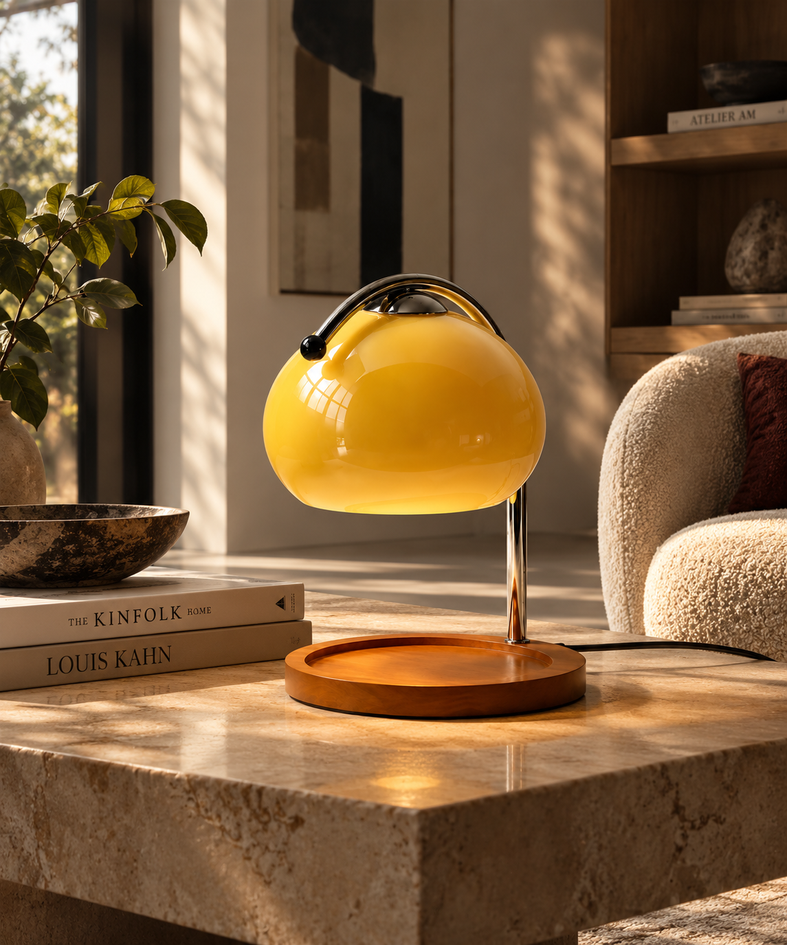 Lampe globe jaune avec plateau rond, sur une table en pierre près d’un fauteuil clair