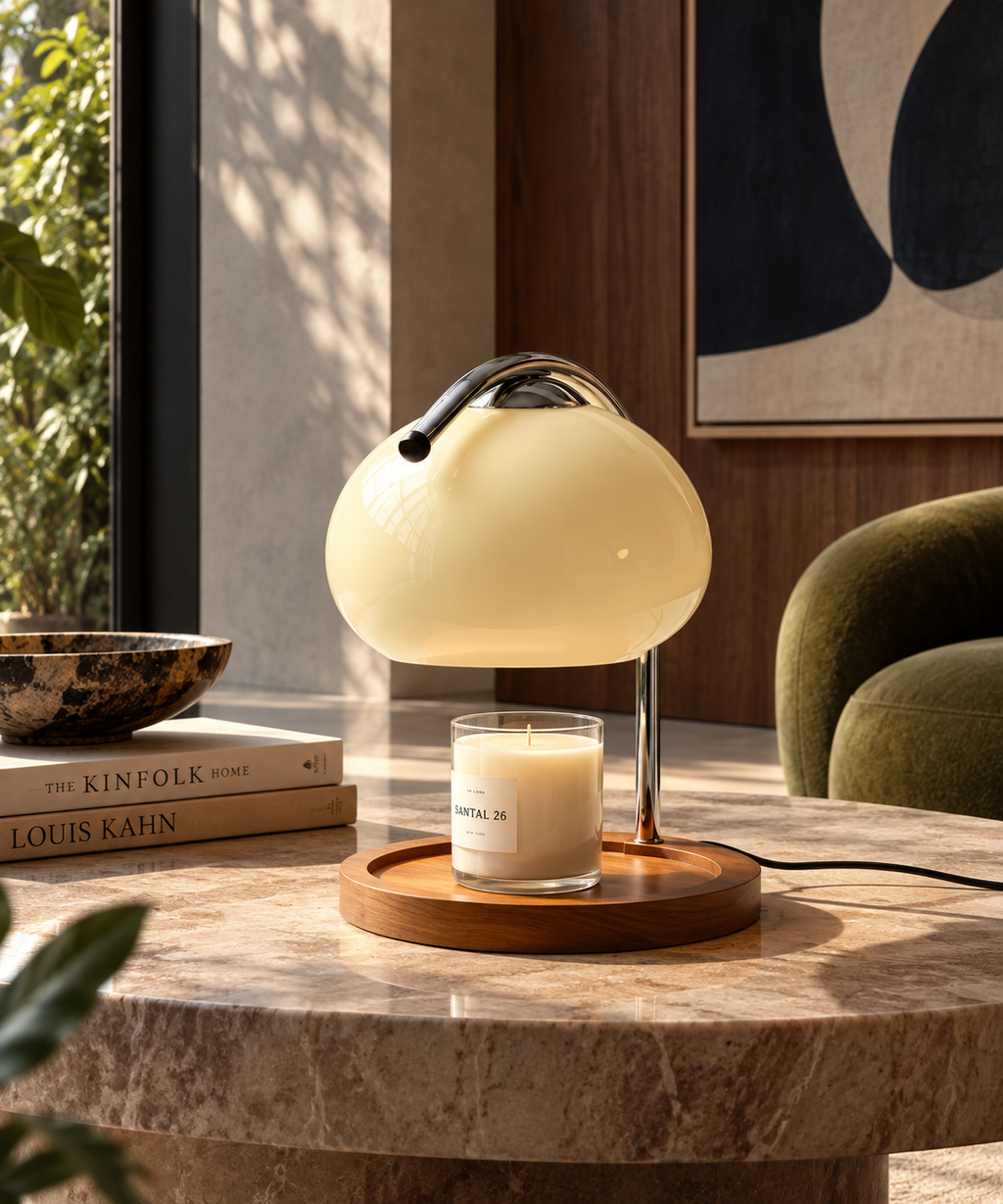 Lampe globe crème avec plateau rond et bougie posée dessus, sur une table en pierre