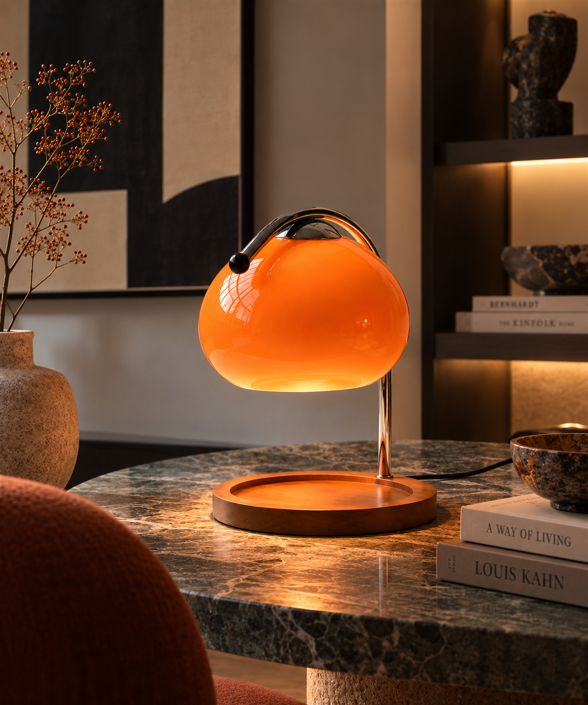 Lampe globe orange allumée avec plateau rond vide, dans un salon à la lumière du soir