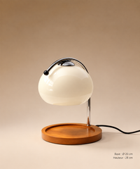 Lampe globe crème vue de face avec plateau rond, câble visible et dimensions indiquées