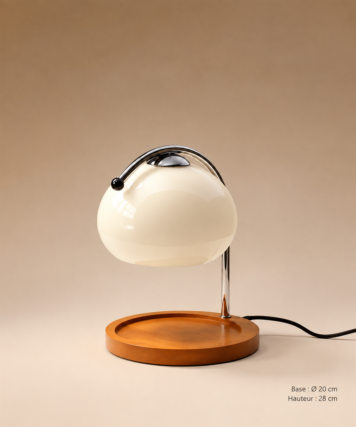 Lampe globe crème vue de face avec plateau rond, câble visible et dimensions indiquées