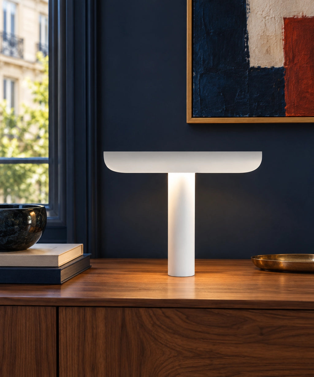 Lampe à poser blanche en métal à réflecteur demi-tube