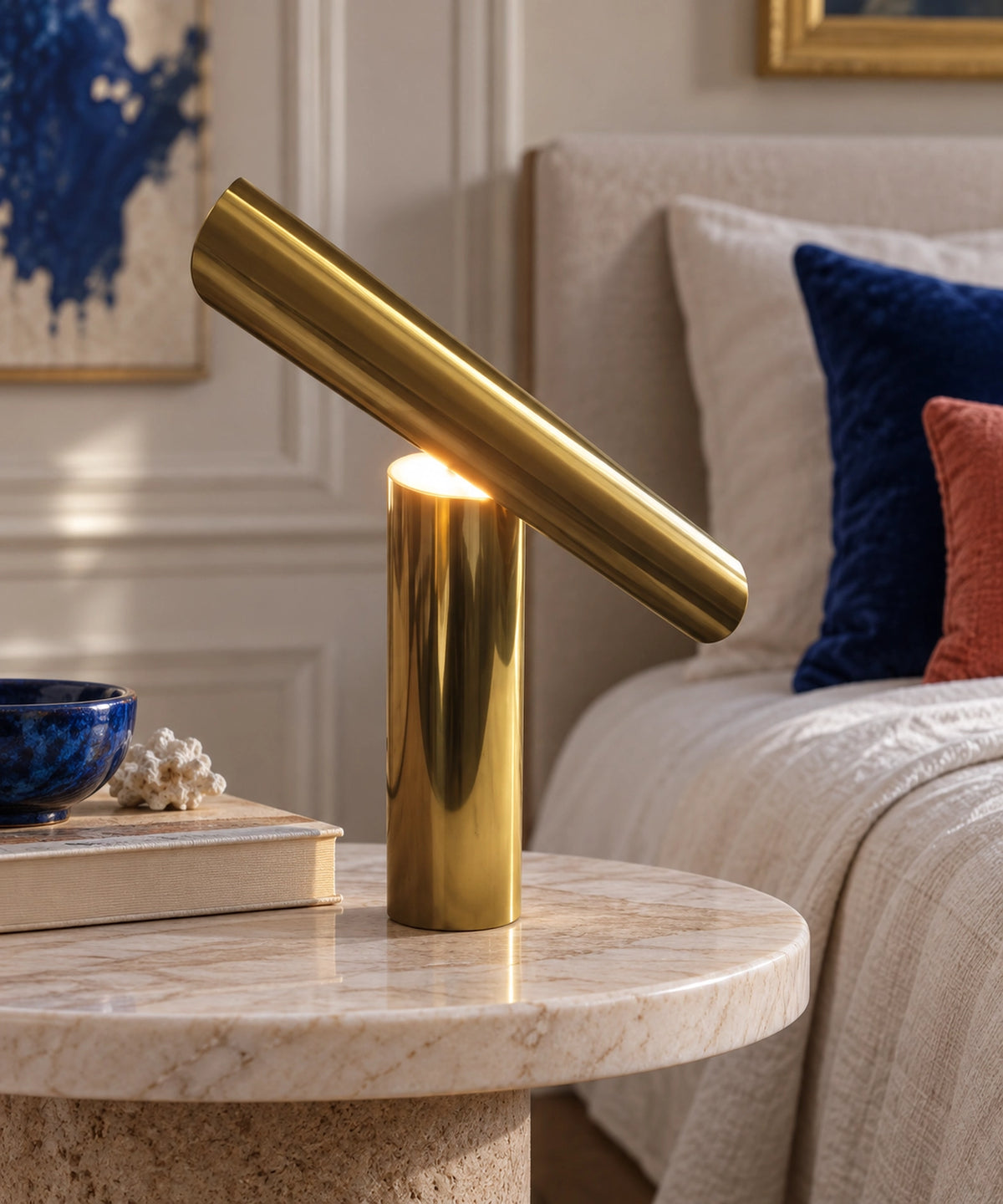 Lampe à poser dorée en métal à réflecteur demi-tube sur un meuble