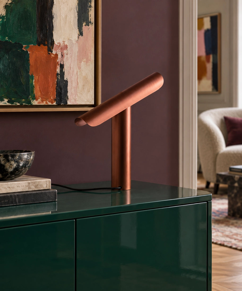 Lampe à poser rouge cuivré avec réflecteur demi-tube