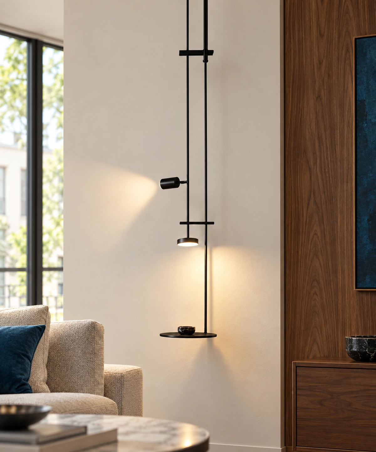 Lampe suspendue avec liseuse et tablette à côté d’un fauteuil
