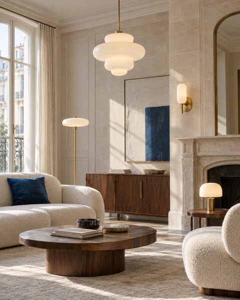 Salon lumineux avec suspension, applique, lampadaire et lampe à poser en laiton et verre opalin