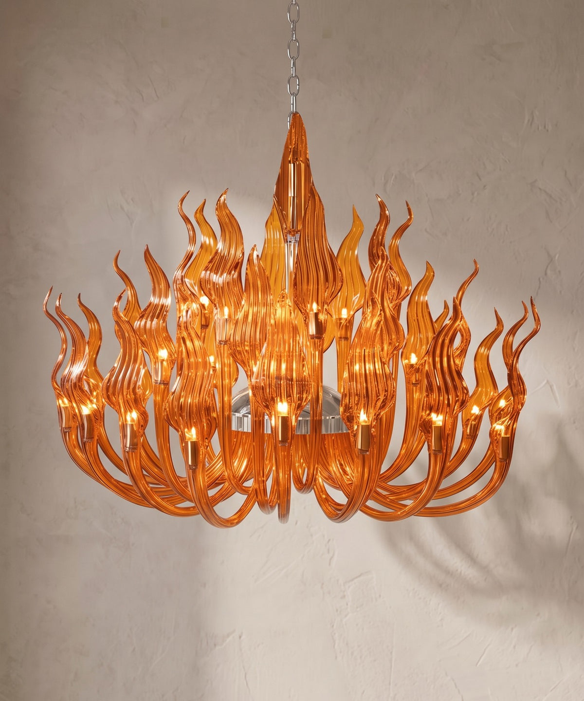 Lustre à bras de cristal orange ambré, flammes et flèche centrale