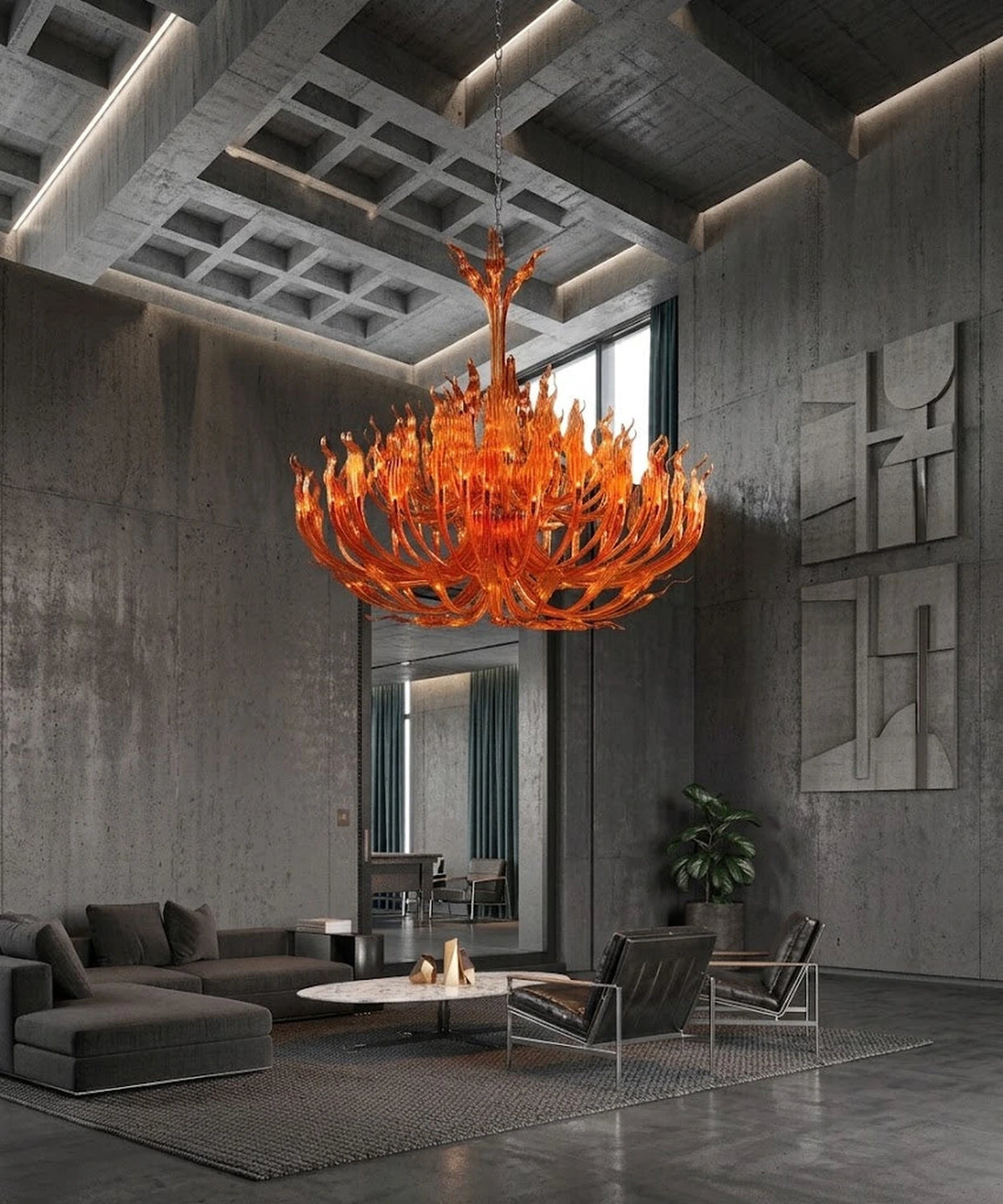 Lustre à bras en cristal orange ambré sous un plafond à caissons de béton