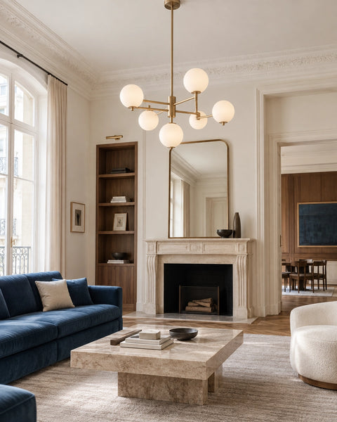 Lustre en laiton et globes opalins dans un salon lumineux aux accents bleu profond