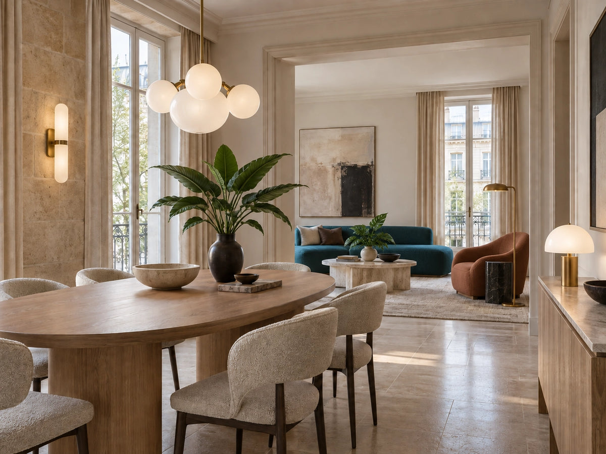 Salon et salle à manger avec canapé bleu pétrole, fauteuil terracotta, plantes tropicales et luminaires allumés Image